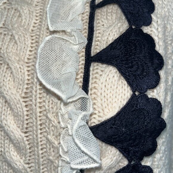 J CREW Cowl Neck Wool Blend Cable Sweater Embellished with Navy & Cream Lace - S - Picture 3 of 9